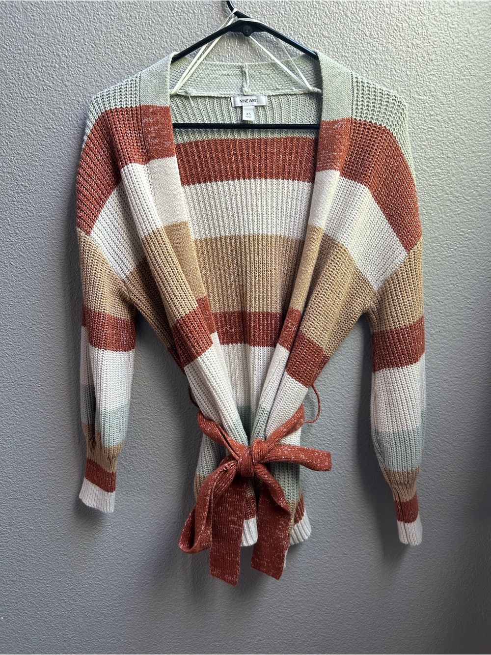 Nine West Striped Open-Front Belted Cardigan - Rust, Cream, Sage & Tan